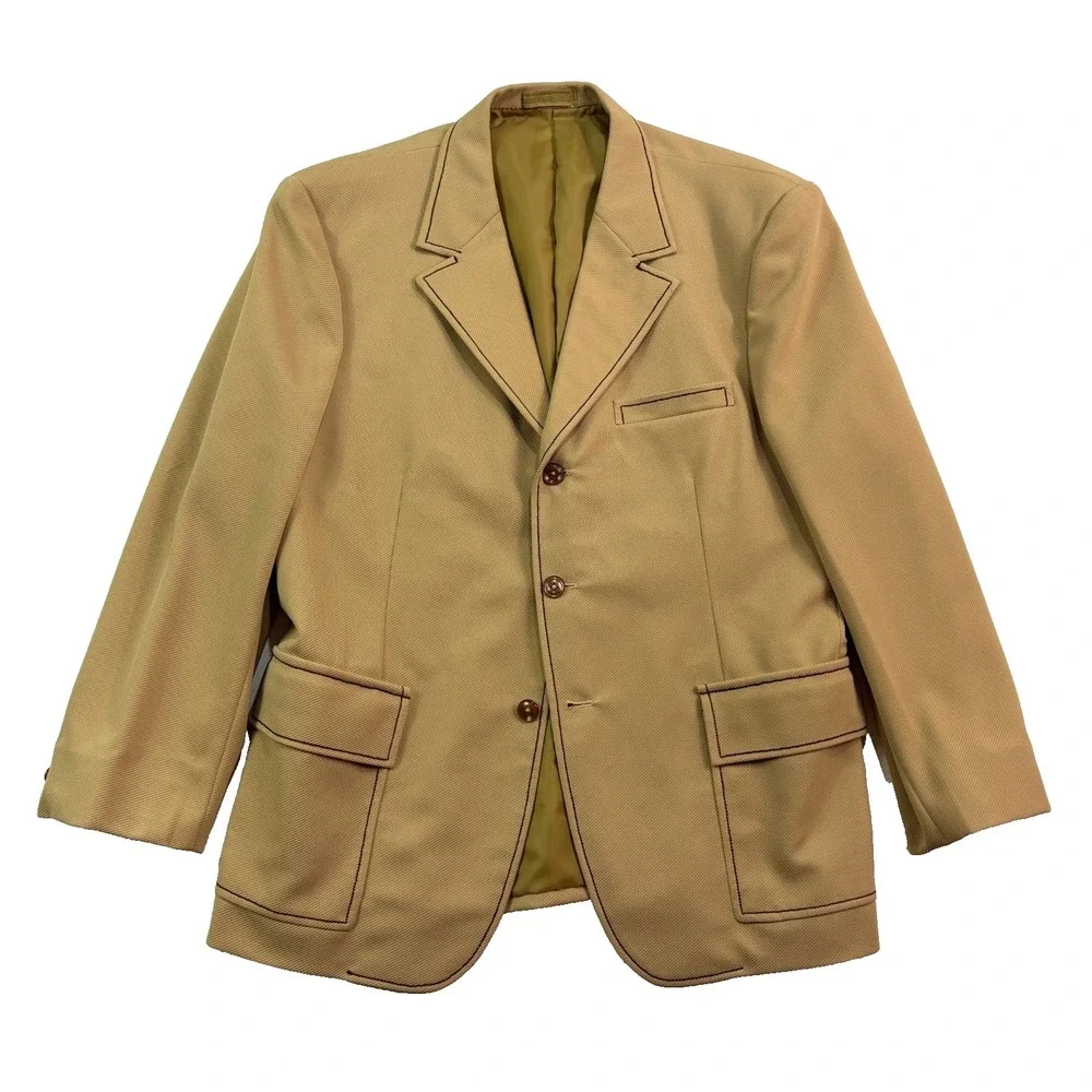 vtg 70s Bespoke 44S Tan Knit Polyester Blazer Jacket Sport Suit‎ Coat Leisure